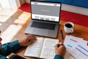 South African small business owner reviewing website design plans on a laptop with notes and coffee on a wooden desk