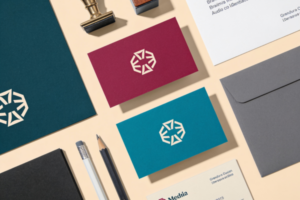 Designer arranging brand identity guidelines including logo variations, colour palette and typography samples on a studio desk