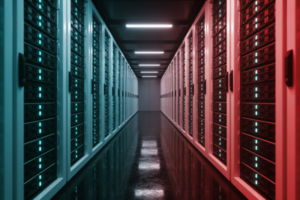 Server room with rows of secure web hosting servers and blue indicator lights representing reliable South African hosting infrastructure