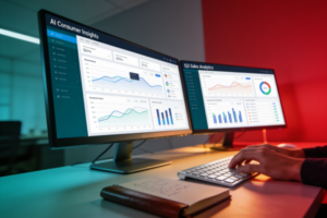 Marketer reviewing AI-generated search results with Google AI Overviews and ChatGPT search interfaces on multiple monitors