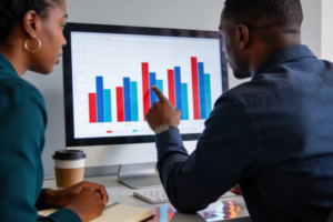 Marketing professional reviewing Google Ads dashboard showing campaign performance metrics on a desktop computer