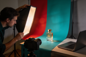 Professional photographer setting up natural lighting for a small business product shoot with branded packaging on a textured backdrop