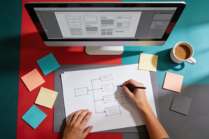 Web designer reviewing wireframes and user journey maps for a small business website on a large monitor in a design studio
