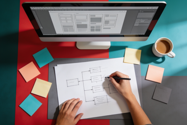 Web designer reviewing wireframes and user journey maps for a small business website on a large monitor in a design studio